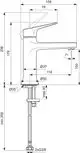 Waschtischarmatur in Brushed Gold von Ideal Standard, mit präzisen Abmessungen und Montagezubehör, dargestellt in technischen Zeichnungen.